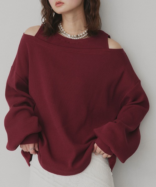 ad thie(アドティエ)の「フェイクレイヤードデザイン ワッフルプルオーバー(Tシャツ/カットソー・レディース・杢グレー/ブラック/ダークブラウン/オフホワイト/ボルドー/ライトグレー・FREE)」の6枚目の写真