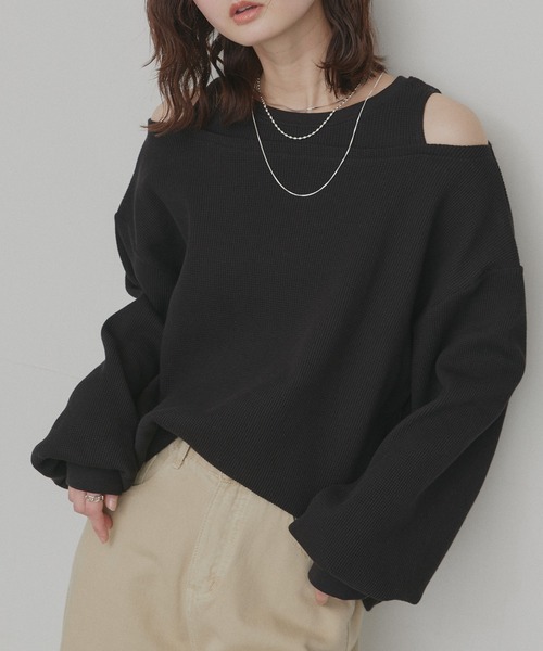 ad thie(アドティエ)の「フェイクレイヤードデザイン ワッフルプルオーバー(Tシャツ/カットソー・レディース・杢グレー/ブラック/ダークブラウン/オフホワイト/ボルドー/ライトグレー・FREE)」の3枚目の写真