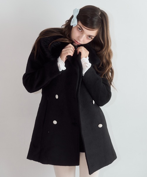 mieya mieya ファーコート セール】【mieya mieya】fur collar bijou coat /ファーカラー