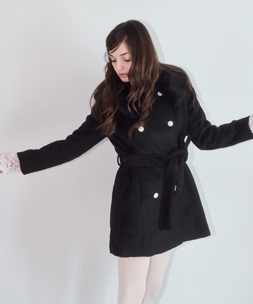 セール】【mieya mieya】fur collar bijou coat /ファーカラービジュー