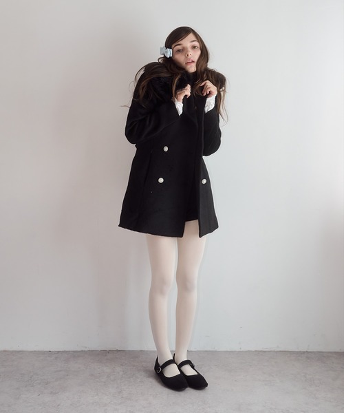 mieya mieya(ミーヤミーヤ)の「【mieya mieya】fur collar bijou coat /ファーカラービジューコート(チェスターコート・レディース・ホワイト/ピンク/ブラック・FREE)」の4枚目の写真