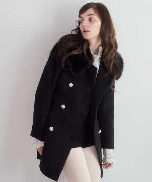 mieya mieya】fur collar bijou coat /ファーカラービジューコート