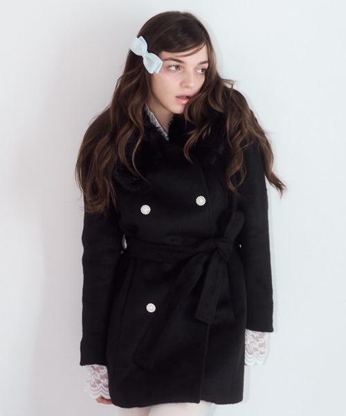 セール】【mieya mieya】fur collar bijou coat /ファーカラービジュー
