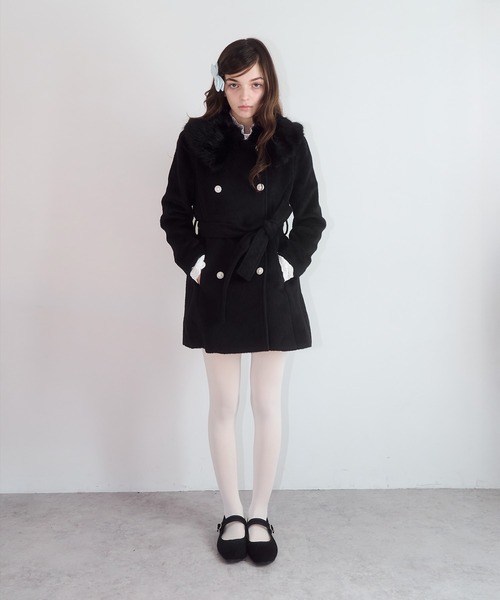 セール】【mieya mieya】fur collar bijou coat /ファーカラービジュー