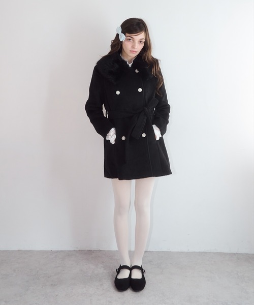 mieya mieya】fur collar bijou coat /ファーカラービジューコート