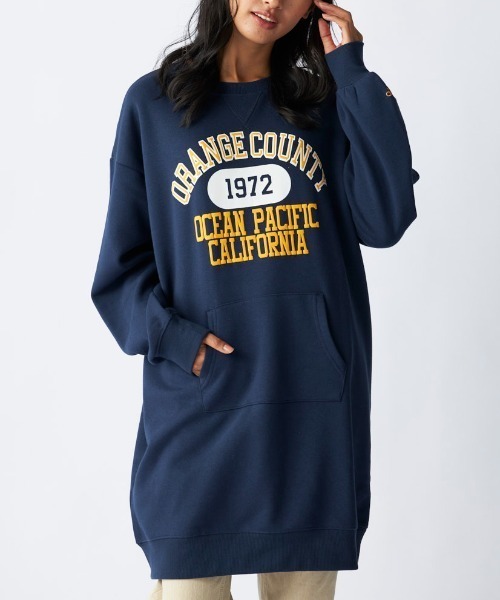 Ocean Pacific(オーシャンパシフィック)の「【OP:オーピー】裏起毛クルーワンピース/カンガルーポケット付きカレッジロゴワンピ(ワンピース・レディース・ネイビー/ヘザーグレー・MEDIUM/LARGE)」の2枚目の写真