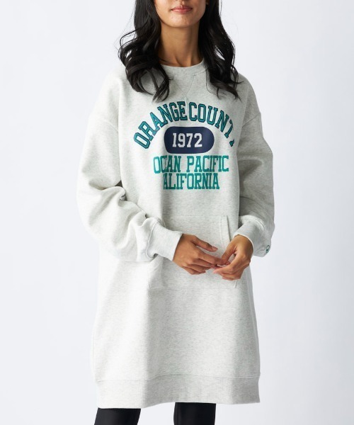 Ocean Pacific(オーシャンパシフィック)の「【OP:オーピー】裏起毛クルーワンピース/カンガルーポケット付きカレッジロゴワンピ(ワンピース・レディース・ネイビー/ヘザーグレー・MEDIUM/LARGE)」の1枚目の写真