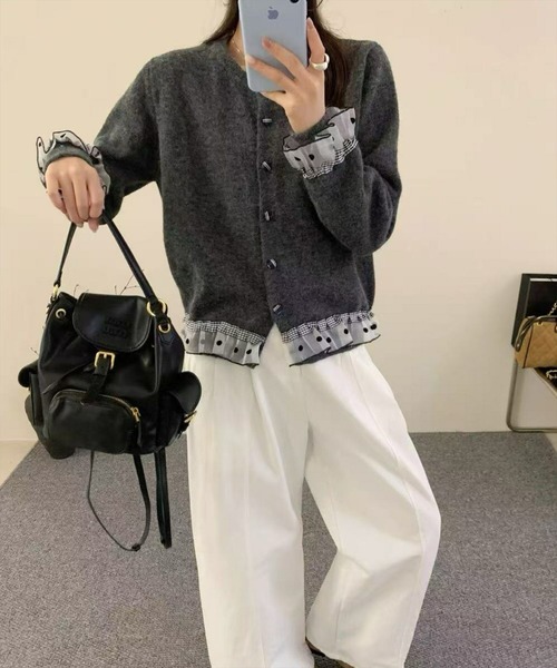 gossip!ロサンゼルス(ゴシップロサンゼルス)の「Y2K ドットチュール×チェックフリルレイヤード風カーディガン(ニット/セーター・レディース・グレー/オフホワイト・FREE)」の18枚目の写真