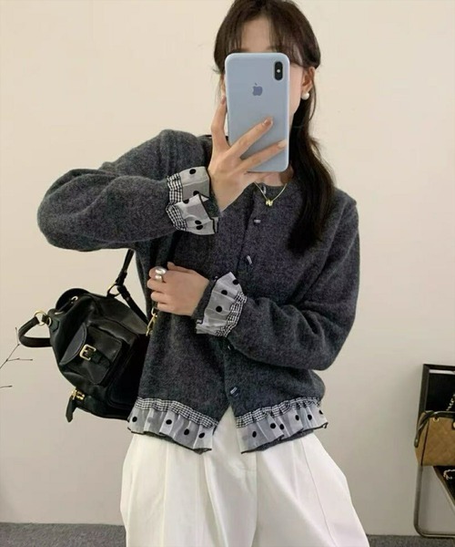 gossip!ロサンゼルス(ゴシップロサンゼルス)の「Y2K ドットチュール×チェックフリルレイヤード風カーディガン(ニット/セーター・レディース・グレー/オフホワイト・FREE)」の19枚目の写真