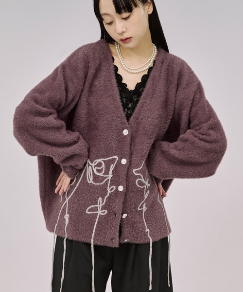 flower rope knit ロープ刺繍シャギーニットカーディガン