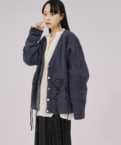 セール】flower rope knit ロープ刺繍シャギーニットカーディガン