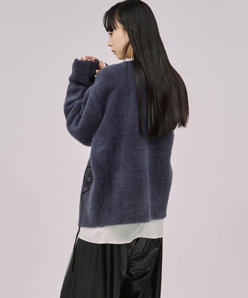 セール】flower rope knit ロープ刺繍シャギーニットカーディガン