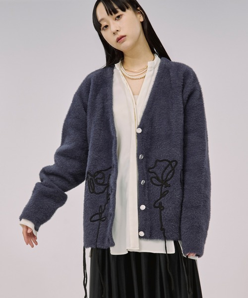 セール】flower rope knit ロープ刺繍シャギーニットカーディガン