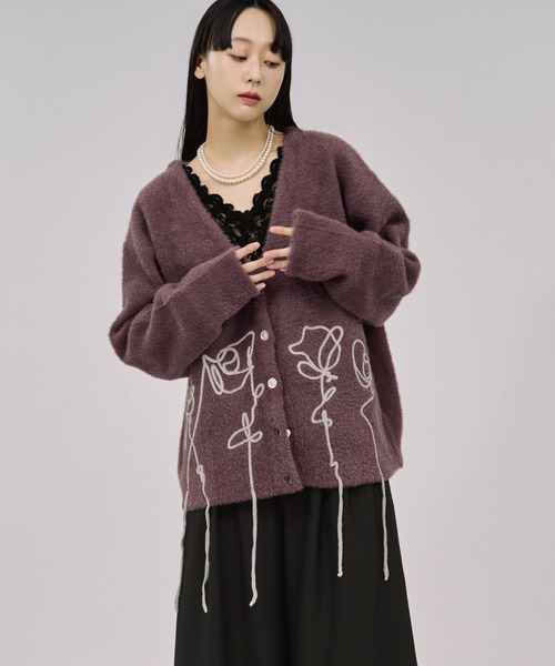 flower rope knit ロープ刺繍シャギーニットカーディガン