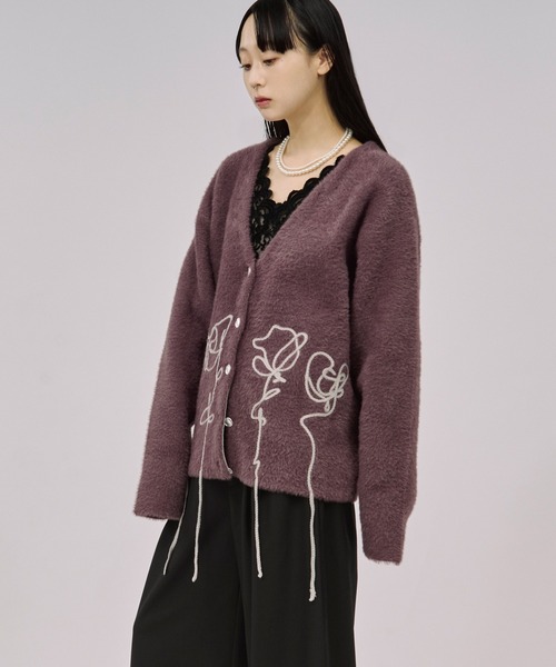 セール】flower rope knit ロープ刺繍シャギーニットカーディガン