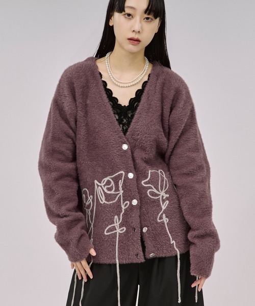 セール】flower rope knit ロープ刺繍シャギーニットカーディガン