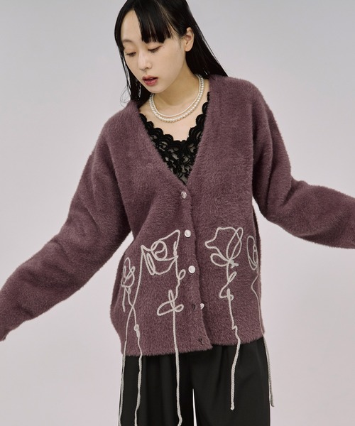 flower rope knit ロープ刺繍シャギーニットカーディガン