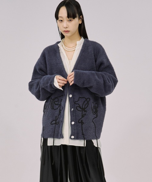 スローブイエナ　embroidery カーディガン セール】flower rope knit ロープ刺繍シャギーニットカーディガン