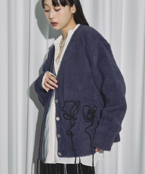 セール】flower rope knit ロープ刺繍シャギーニットカーディガン