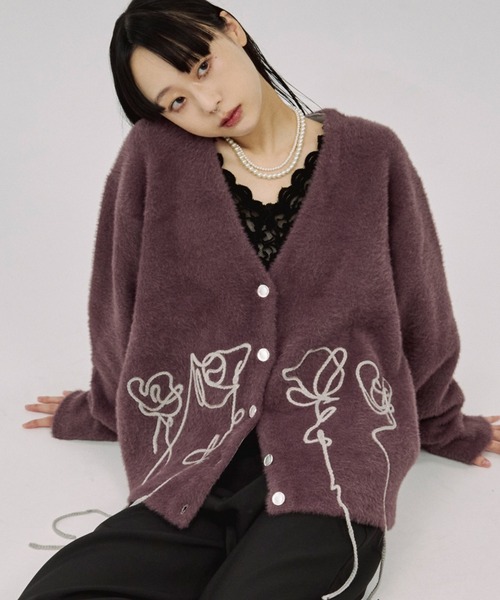 セール】flower rope knit ロープ刺繍シャギーニットカーディガン