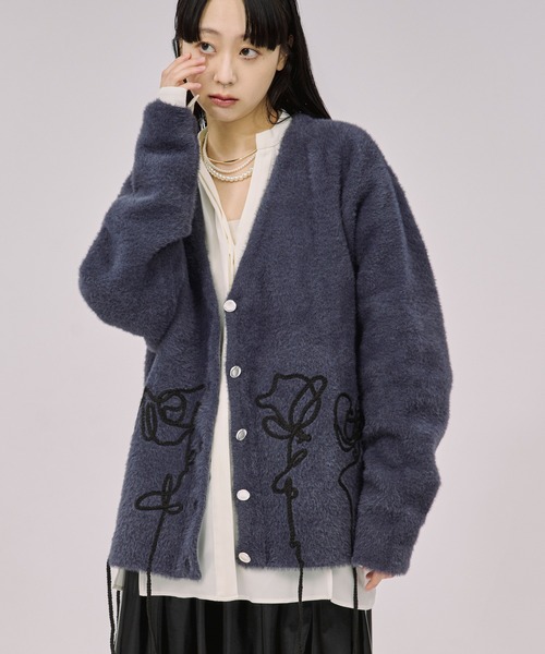 セール】flower rope knit ロープ刺繍シャギーニットカーディガン
