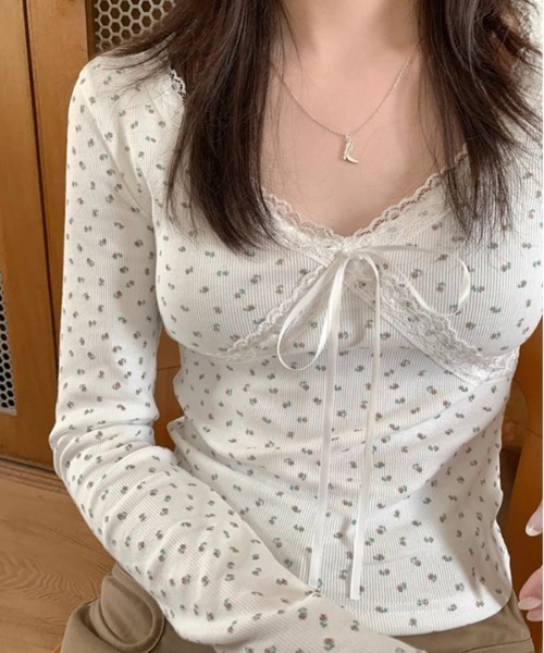 Vipoa(ヴィポア)の「カップ付き Lace ribbon tops(Tシャツ/カットソー・レディース・ホワイト/ピンク系その他/ホワイト系その他/ブラック系その他/ブラック/グレー・FREE)」の3枚目の写真