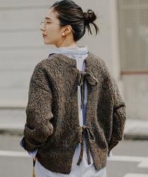 5ゲージダブルフロントブークレリボンニットカーディガン