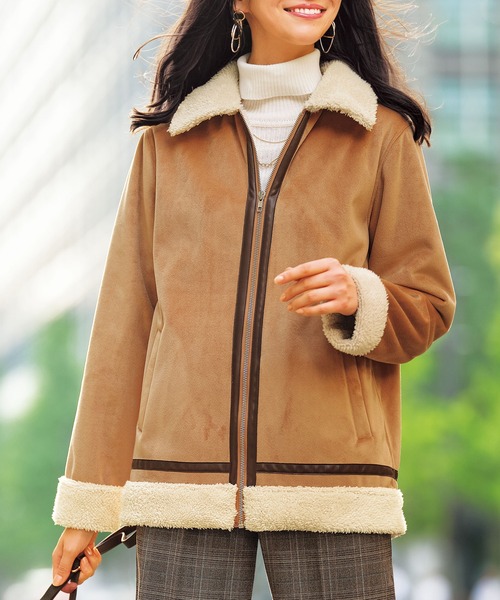 BELLUNA PLUS(ベルーナ)の「防風ベロア素材ミドル丈コート(ブルゾン・レディース・ダークブラウン/キャメル・X-LARGE/LARGE/MEDIUM)」の1枚目の写真