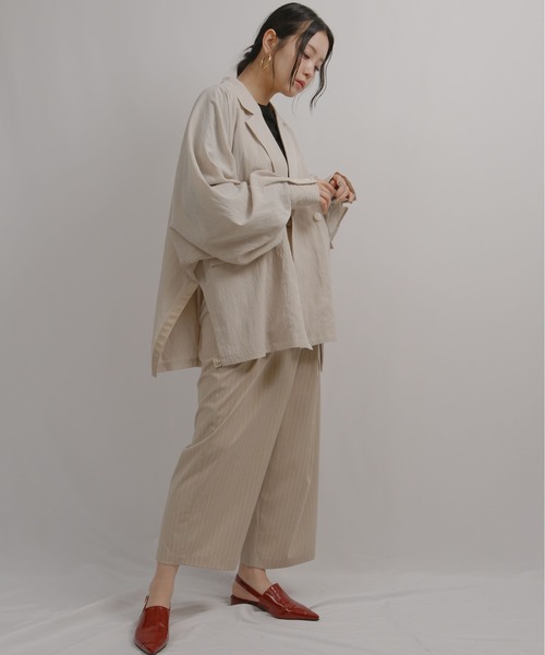 palm RICHE(ポームリシュ)の「ワッシャーオーバージャケット(ノーカラージャケット・レディース・ライトグリーン/ブラック/グレイッシュベージュ・M)」の16枚目の写真