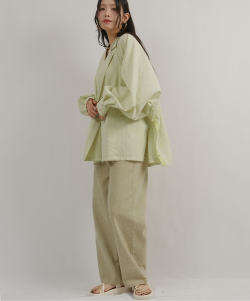 palm RICHE(ポームリシュ)の「ワッシャーオーバージャケット(ノーカラージャケット・レディース・ライトグリーン/ブラック/グレイッシュベージュ・M)」の4枚目の写真