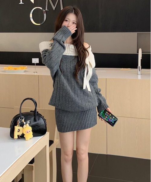 セール】オフショルダーニットのボディコンドレス（ワンピース