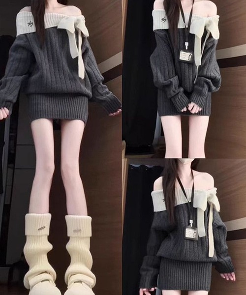 AsheKsha(アシクシャ)の「オフショルダーニットのボディコンドレス(ワンピース・レディース・ダークグレー・M)」の7枚目の写真