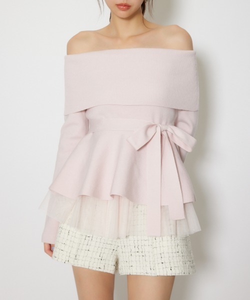 rienda（リエンダ）の「チュールレイヤードペプラムニットトップス 春服（ニット/セーター・レディース・ブラック/ブルー/ピンク/ホワイト・FREE）」の4枚目の写真