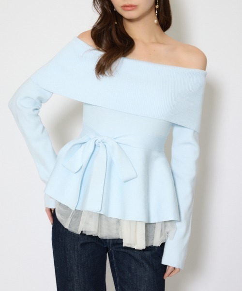 rienda（リエンダ）の「チュールレイヤードペプラムニットトップス 春服（ニット/セーター・レディース・ブラック/ブルー/ピンク/ホワイト・FREE）」の3枚目の写真