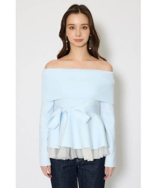 rienda（リエンダ）の「チュールレイヤードペプラムニットトップス 春服（ニット/セーター・レディース・ブラック/ブルー/ピンク/ホワイト・FREE）」の5枚目の写真