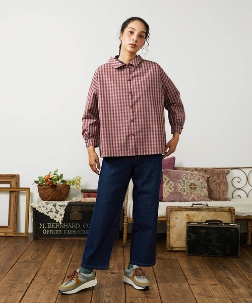 Jocomomola(ホコモモラ)の「【2WAY】 Sillin ギンガムチェック オーバーブラウス(Tシャツ/カットソー・レディース・レッド/ブルー・40)」の11枚目の写真
