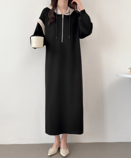 セール】配色ラインフーディバイカラー段ボールスウェットワンピース