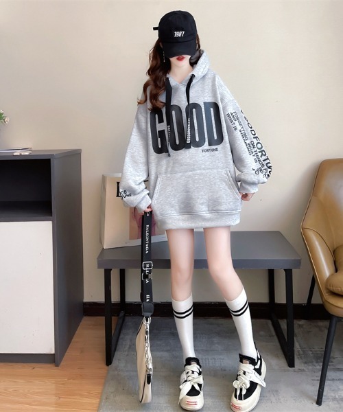 Lips(リップス)の「GOODロゴパーカー/ジャージ/フーディー/韓国ファッション/ストリート(スウェット・レディース・ネイビー/ブラウン/グリーン/ブラック/グレー・FREE)」の6枚目の写真