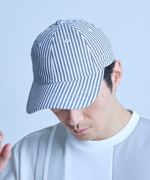 UNION STATION（ユニオンステーション）の「シアサッカー6パネルキャップ（キャップ・メンズ・ブラック/ホワイト×ネイビー・FREE）」の3枚目の写真