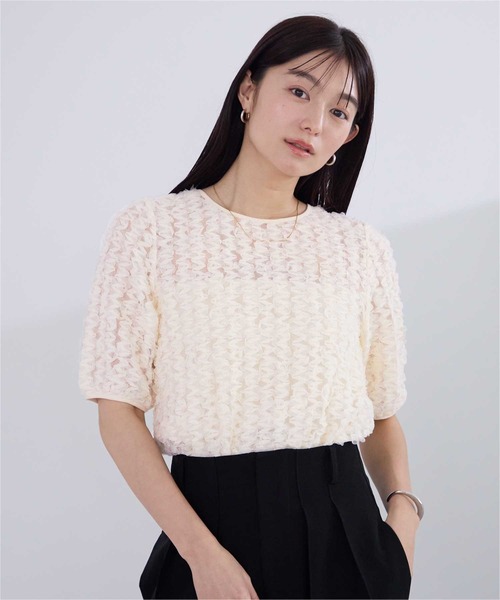 UR'S(ユアーズ)の「ジャガードチュールシアープルオーバー(Tシャツ/カットソー・レディース・アイボリー/ピンク/ブラック・S/M/L)」の4枚目の写真