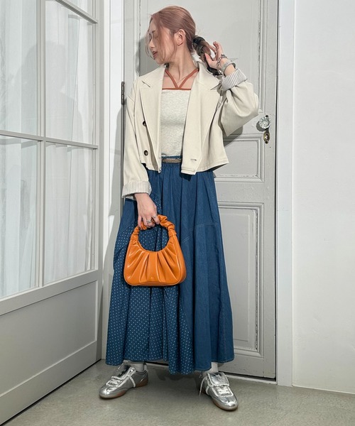 DOUBLE NAME（ダブルネーム）の「ドットデニムオリガミタックスカート（デニムスカート・レディース・ネイビー/インディゴブルー・FREE）」の4枚目の写真