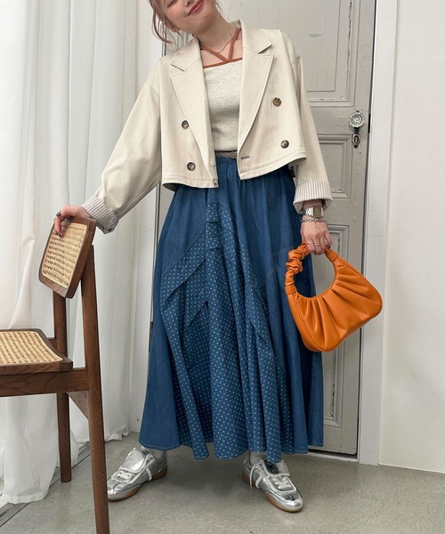 DOUBLE NAME（ダブルネーム）の「ドットデニムオリガミタックスカート（デニムスカート・レディース・ネイビー/インディゴブルー・FREE）」の6枚目の写真