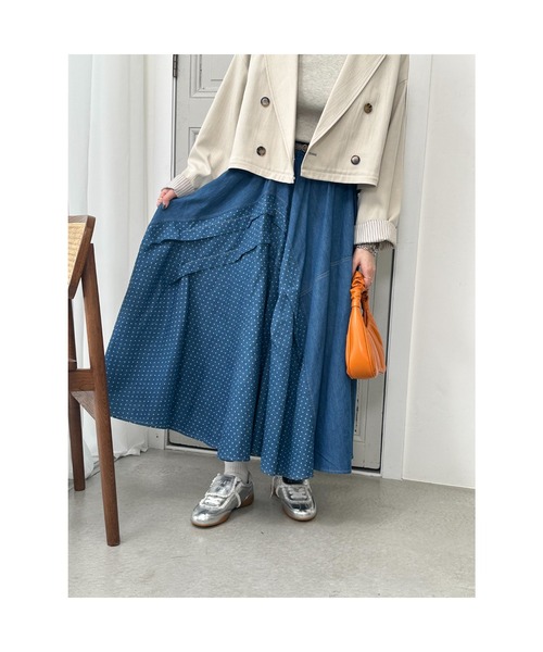 DOUBLE NAME（ダブルネーム）の「ドットデニムオリガミタックスカート（デニムスカート・レディース・ネイビー/インディゴブルー・FREE）」の10枚目の写真