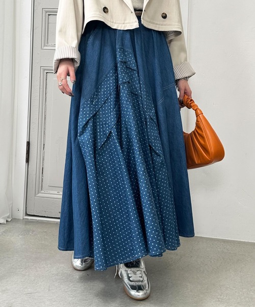 DOUBLE NAME（ダブルネーム）の「ドットデニムオリガミタックスカート（デニムスカート・レディース・ネイビー/インディゴブルー・FREE）」の12枚目の写真