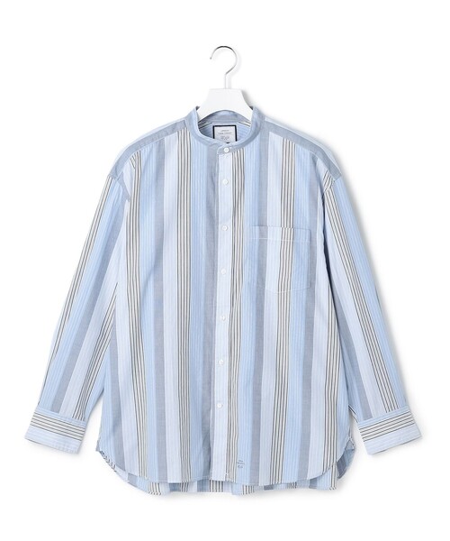 J.PRESS YORK STREET（ジェイプレスヨークストリート）の「【UNISEX】マルチストライプ バンドカラーシャツ（シャツ/ブラウス・メンズ・ブルー系8/ネイビー系8・LARGE/MEDIUM/SMALL）」の2枚目の写真