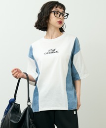 A.D.C.L. | デニム切替 ロゴ刺繍 半袖Tシャツ(Tシャツ/カットソー)