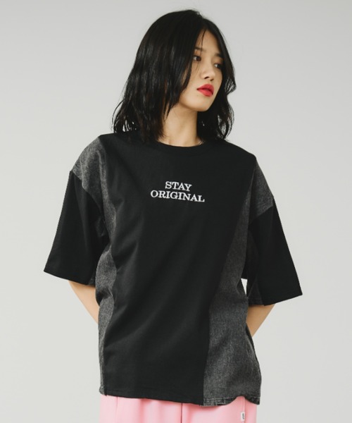 A.D.C.L.(エーディーシーエル)の「デニム切替 ロゴ刺繍 半袖Tシャツ(Tシャツ/カットソー・レディース・ブラック/ホワイト・M/L)」の2枚目の写真