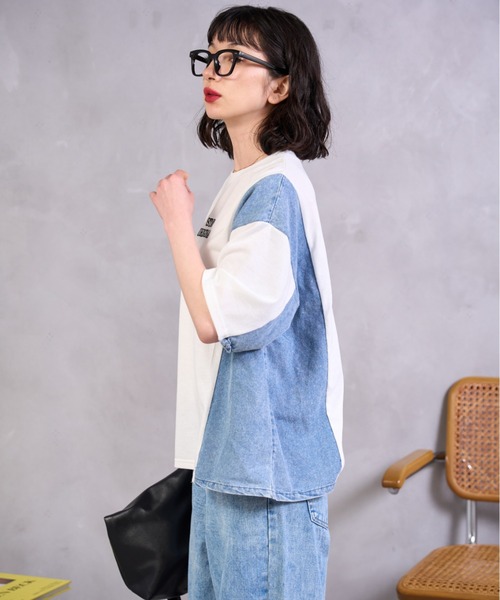 A.D.C.L.(エーディーシーエル)の「デニム切替 ロゴ刺繍 半袖Tシャツ(Tシャツ/カットソー・レディース・ブラック/ホワイト・M/L)」の4枚目の写真