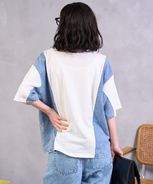 A.D.C.L.(エーディーシーエル)の「デニム切替 ロゴ刺繍 半袖Tシャツ(Tシャツ/カットソー・レディース・ブラック/ホワイト・M/L)」の5枚目の写真