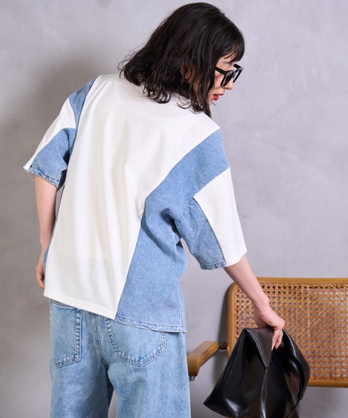 A.D.C.L.(エーディーシーエル)の「デニム切替 ロゴ刺繍 半袖Tシャツ(Tシャツ/カットソー・レディース・ブラック/ホワイト・M/L)」の6枚目の写真